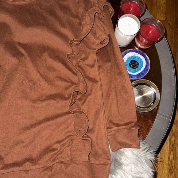 Long Sleeve Brown Sweater with ruffles. Size small. - Picture 8 of 9